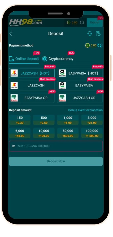 hh98 deposit & withdraw